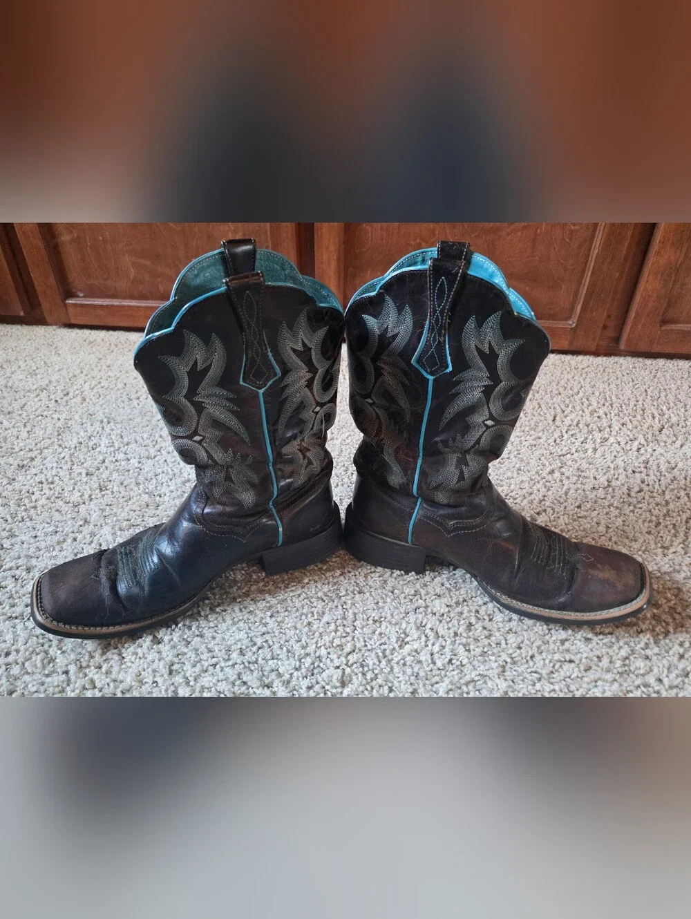 Ariat 10008017 Western Brown Turquoise Leather Boots Square Toe Women's 10B